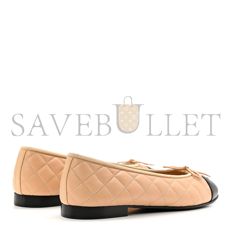 CHANEL LAMBSKIN QUILTED CC CAP TOE BALLERINA FLATS BEIGE BLACK